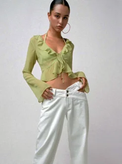 Chemise pour femme verte en polyester col en V plissée décontractée à lacets manches longues