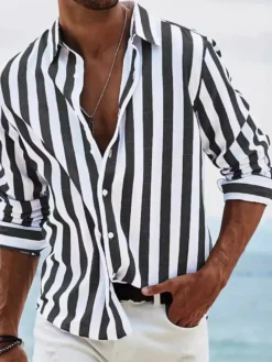 Chemises décontractées pour hommes col rabattu rayures manches longues chemises pour hommes