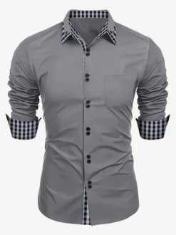 Chemises décontractées pour hommes doubles boutons coupe ajustée col rabattu manches longues chemises à carreaux pour hommes