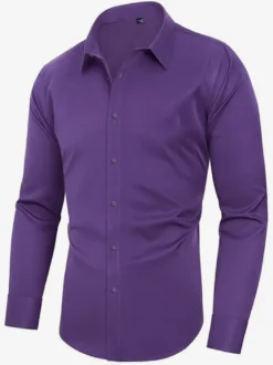 Chemises extensibles à manches longues pour hommes style décontracté couleur unie