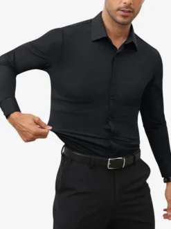 Chemises extensibles à manches longues pour hommes style décontracté couleur unie