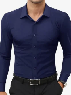 Chemises extensibles à manches longues pour hommes style décontracté couleur unie