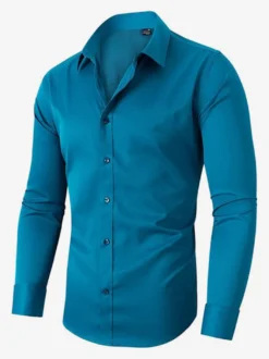 Chemises extensibles à manches longues pour hommes style décontracté couleur unie
