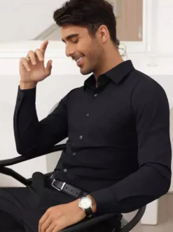 Chemises extensibles à manches longues pour hommes style décontracté couleur unie