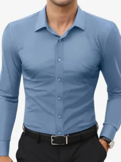 Chemises extensibles à manches longues pour hommes style décontracté couleur unie