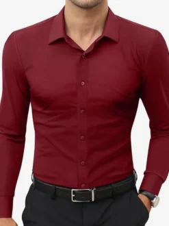 Chemises extensibles à manches longues pour hommes style décontracté couleur unie