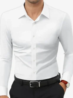 Chemises extensibles à manches longues pour hommes style décontracté couleur unie