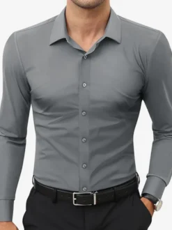 Chemises extensibles à manches longues pour hommes style décontracté couleur unie