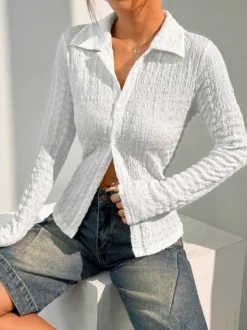 Chemisier blanc à boutons pour femme col rabattu manches longues style décontracté