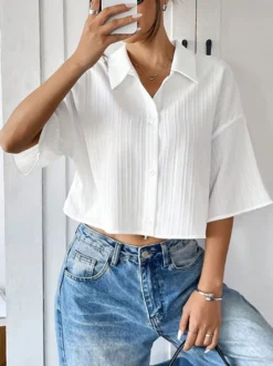 Chemisier blanc pour femme col rabattu boutons chics manches courtes