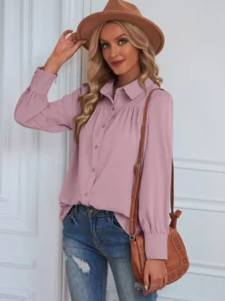 Chemisier Blouse Court Femme avec Manches Longues à Col Revers Unicolore
