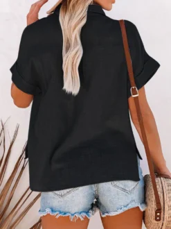Chemisier Blouse Femme à Col Revers avec Manches Courtes Unicolore