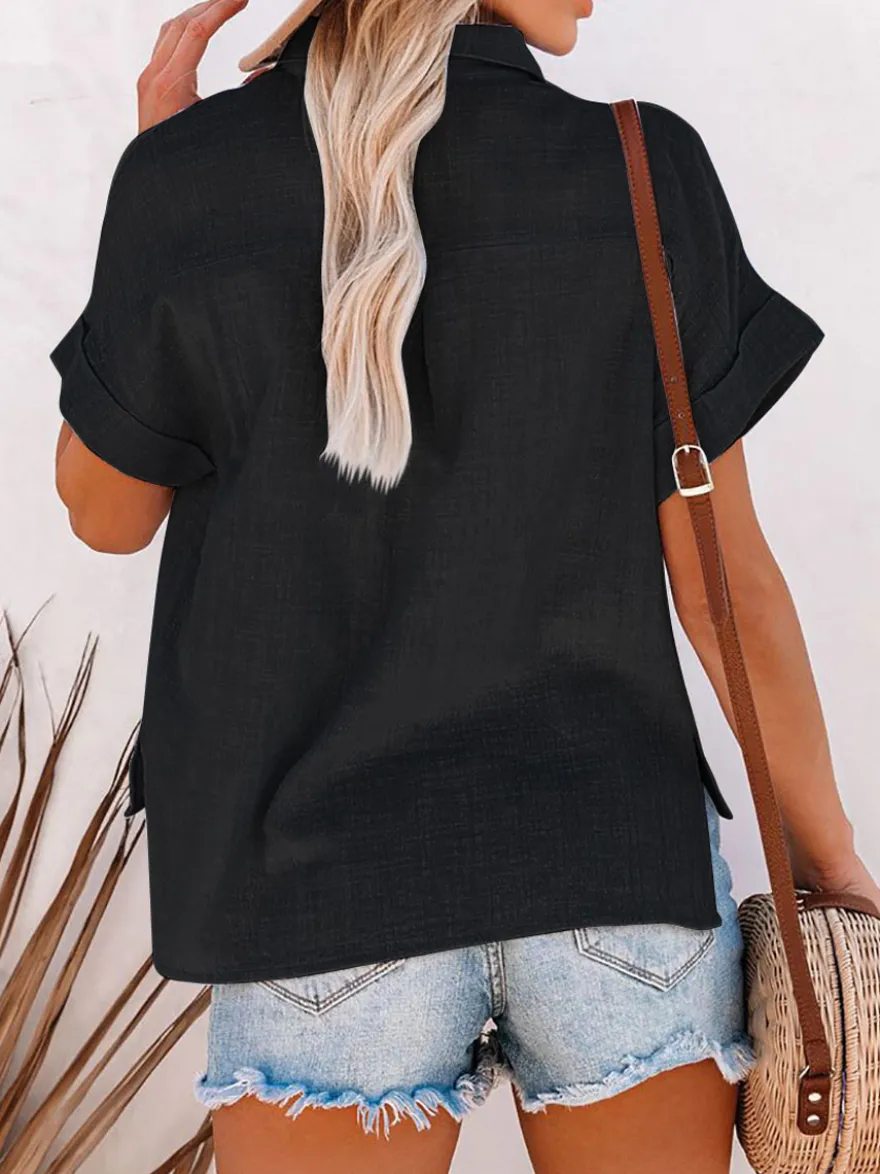 Chemisier Blouse Femme à Col Revers avec Manches Courtes Unicolore