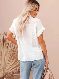 Chemisier Blouse Femme à Col Revers avec Manches Courtes Unicolore
