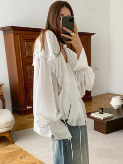 Chemisier chic à volants et nœud sur le devant pour femme - Blanc style vintage français manches lanternes col en V profond - Collection printemps-été 2026
