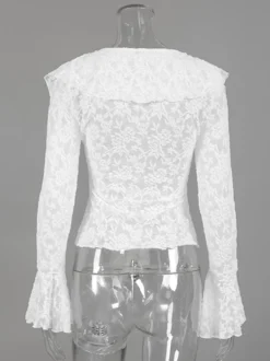Chemisier en dentelle florale transparente pour femme - Haut blanc élégant à col en V et manches cloche - Collection Coquette Fairycore Printemps 2026