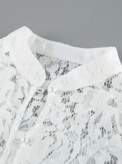 Chemisier en dentelle florale pour femme élégant boutonné - Col montant blanc coupe ajustée - Tenue de soirée printanière 2026