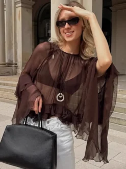 Chemisier en mousseline transparente à manches évasées pour femme - Style bohème marron volants étagés coupe ample - Idéal pour les soirées de printemps 2026