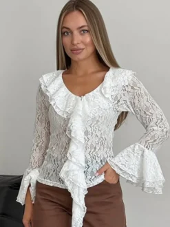 Chemisier femme en dentelle florale blanche - Haut élégant à volants et manches évasées - Collection Coquette Fairycore Printemps Soirée Clubwear 2026