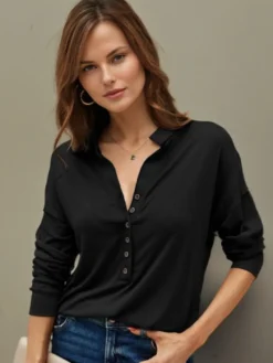 Chemisier Femme Noir Col Rabattu Décontracté Boutons Manches Longues Tops