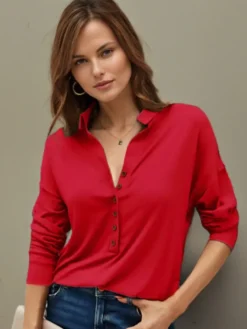 Chemisier Femme Noir Col Rabattu Décontracté Boutons Manches Longues Tops