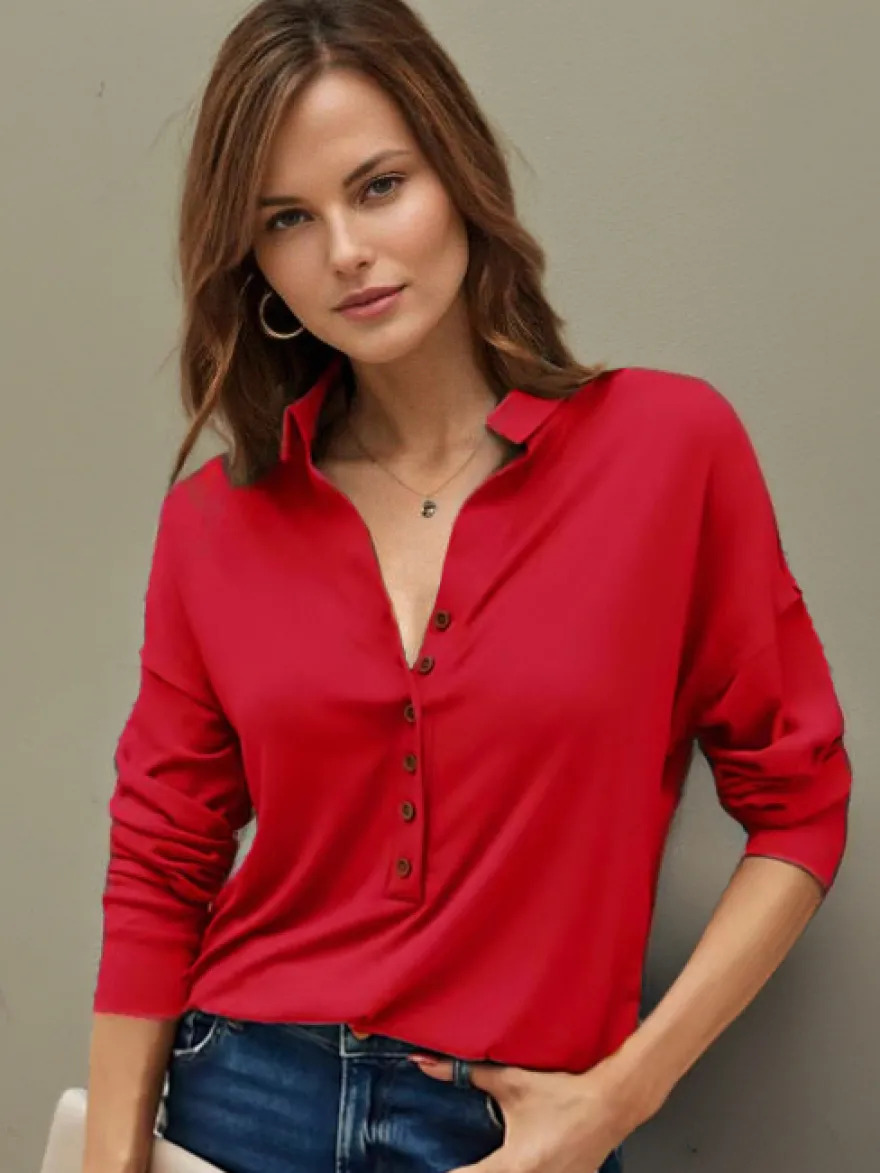 Chemisier Femme Noir Col Rabattu Décontracté Boutons Manches Longues Tops