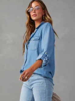 Chemisier Femmes Bleu Denim Col Rabattu Boutons Poches Manches Longues