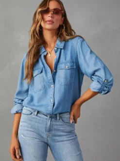 Chemisier Femmes Bleu Denim Col Rabattu Boutons Poches Manches Longues
