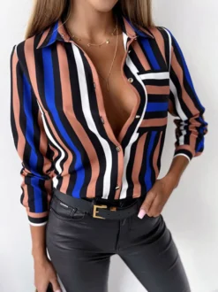 Chemisier Femme Vert Foncé Col V Décontracté Bloc de Couleur Manches Longues Tops