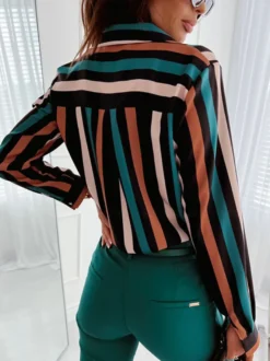 Chemisier Femme Vert Foncé Col V Décontracté Bloc de Couleur Manches Longues Tops