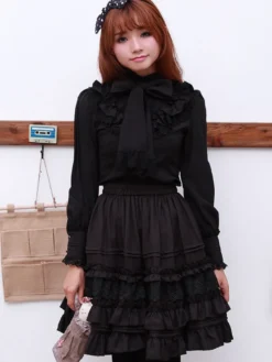 Chemisier lolita doux en polyester unicolore avec noeud col roulé Déguisements Halloween