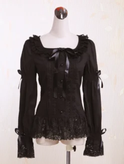Chemisier lolita en coton noir longues manches de col à carreaux Déguisements Halloween