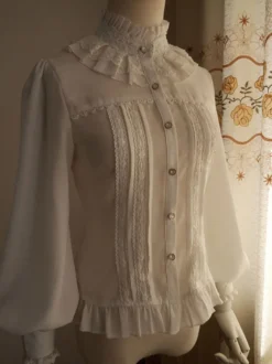 Chemisier Lolita en mousseline de soie blanc Manches longues Gigot Volants Col montant