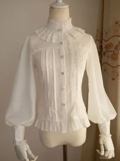 Chemisier Lolita en mousseline de soie blanc Manches longues Gigot Volants Col montant