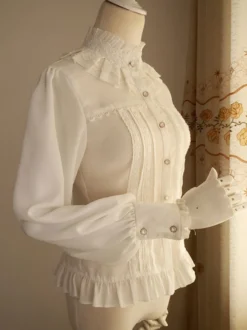 Chemisier Lolita en mousseline de soie blanc Manches longues Gigot Volants Col montant
