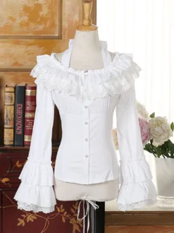 Chemisier lolita rococo en chiffon unicolore avec dentelle encolure dégagée Déguisements Halloween