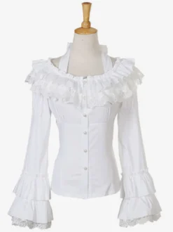 Chemisier lolita rococo en chiffon unicolore avec dentelle encolure dégagée Déguisements Halloween