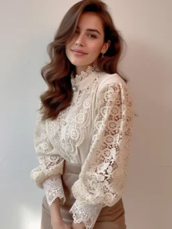 Chemisier Pour Femme Rose Dentelle Découpé Col Haut Décontracté Manches Longues Dentelle Tops