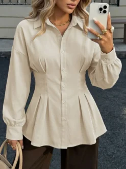 Chemisier péplum à taille plissée pour femme col à revers manches longues boutonné coupe ajustée blouse de bureau