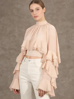 Chemisier victorien à volants pour femme - Top transparent Fairycore à col montant et manches évasées étagées - Idéal pour une soirée romantique printanière 2026