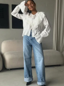 Chemisier vintage à col volanté taille élastique poignets évasés et manches longues