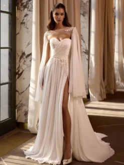 Châle de mariée ivoire à manches longues décolleté illusion manches fendues en mousseline et dentelle