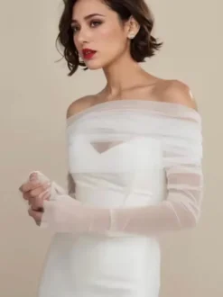 Châles de mariage ivoire à manches longues et col bateau avec boutons en tulle
