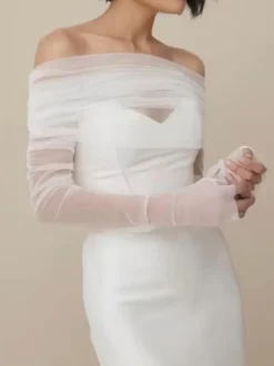 Châles de mariage ivoire à manches longues et col bateau avec boutons en tulle