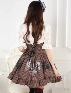 Classique taille haute Brune Jupe lolita marrone douse excellente en polyester impression avec dentelle Déguisements Halloween
