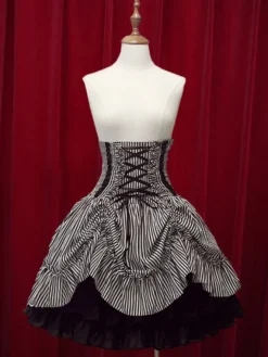 Classique taille haute Jupe Lolita noire élégante luxueuse excellente en coton avec rayure et noeuds Déguisements