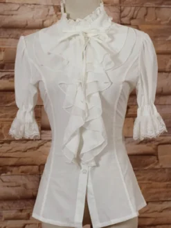 Col haut blanc Lolita Blouse moyen manches à volants Déguisements Halloween