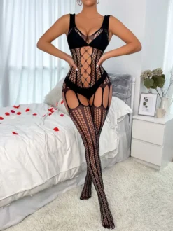 Collants bas résille transparente lingerie rose en maille transparente