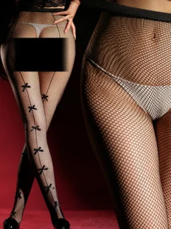 Collants résille noirs à nœuds collants en maille transparente