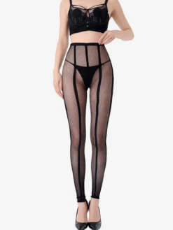 Collants résille à rayures verticales taille haute transparents avec jarretières pour femmes.